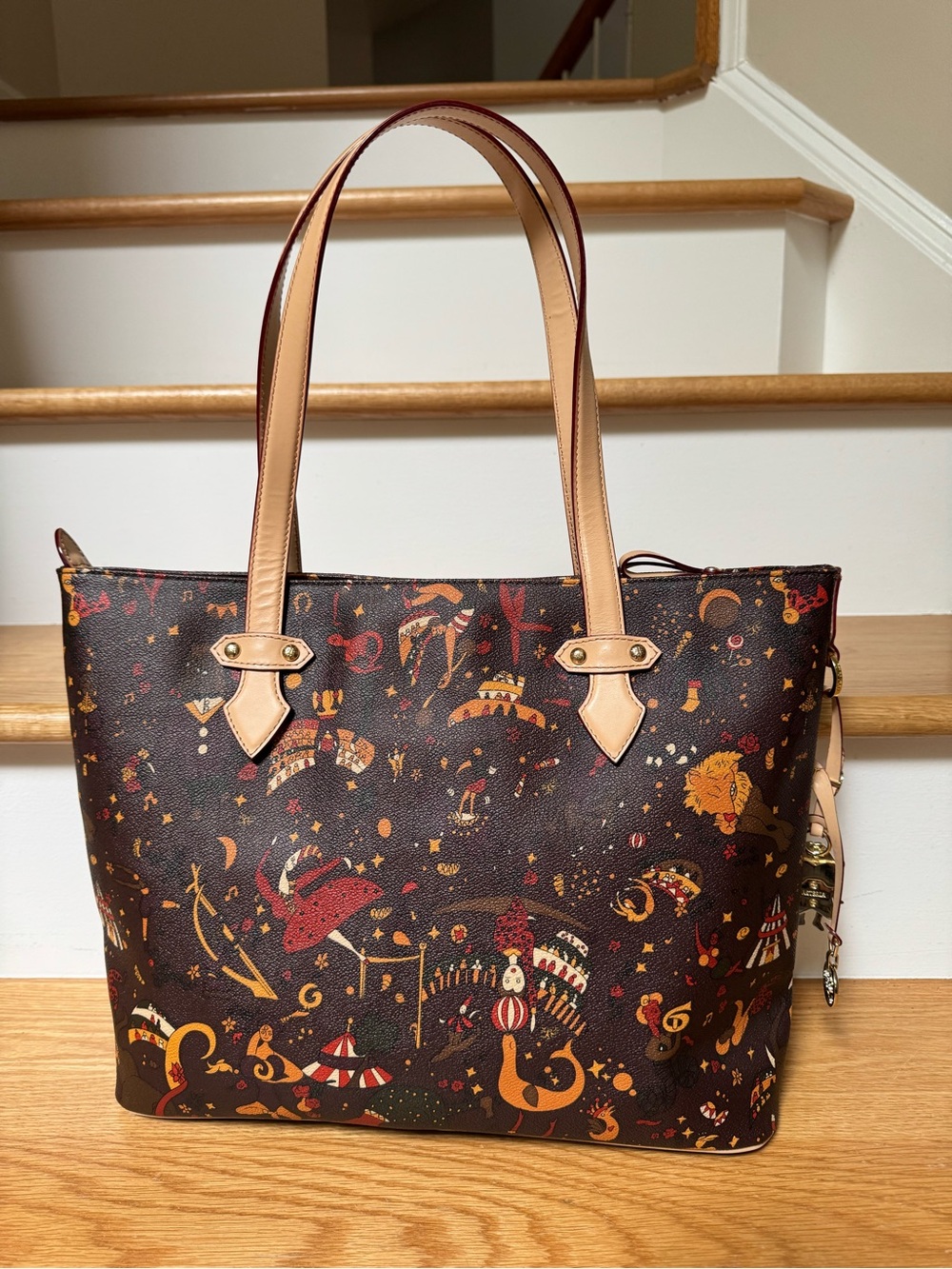 Piero Guidi Magic Circus Brown Coated Canvas Tote Leather Trim Gold Charm Italy